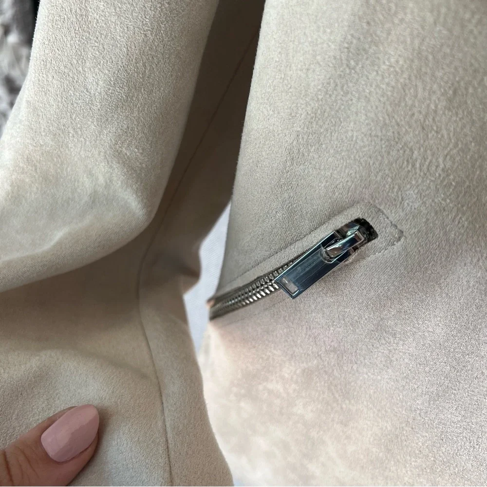 NWT T Tahari Faux Suede Leather Crop Moto Jacket Blazer Cream Bone - Picture 4 of 5